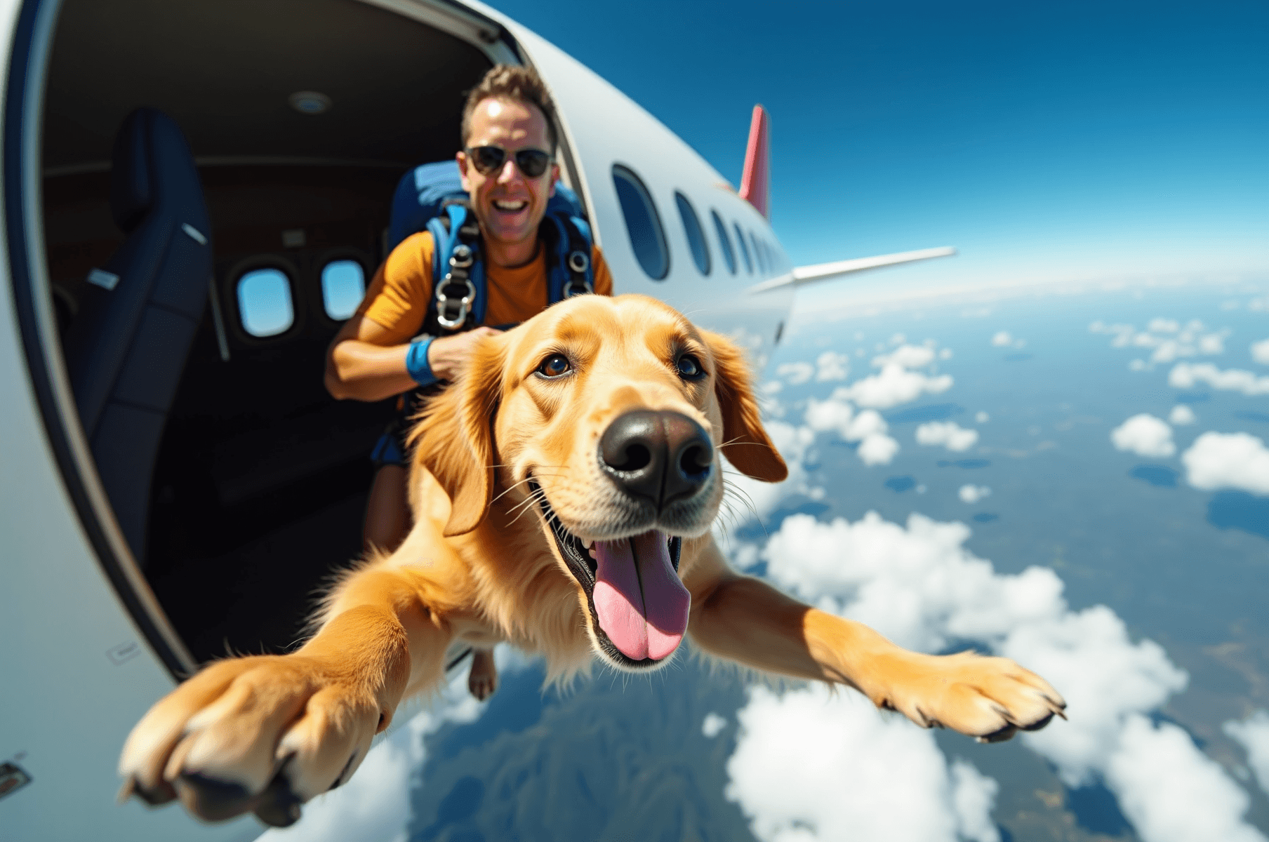 AI generated: Candid action photograph taken with a GoPro hero camera of a happy golden retriever dog skydiving, m...