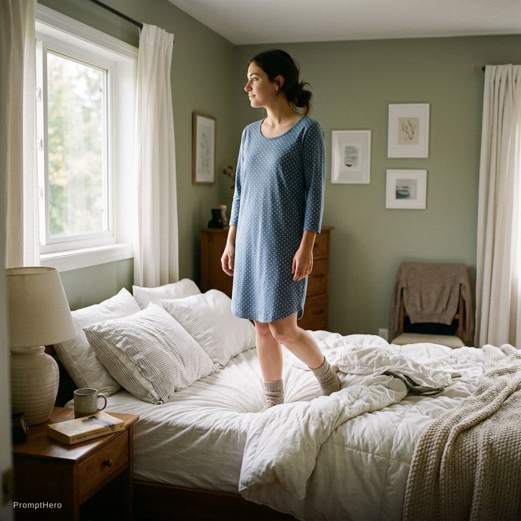 AI generated: Wear a bed time dress and stand on bed
