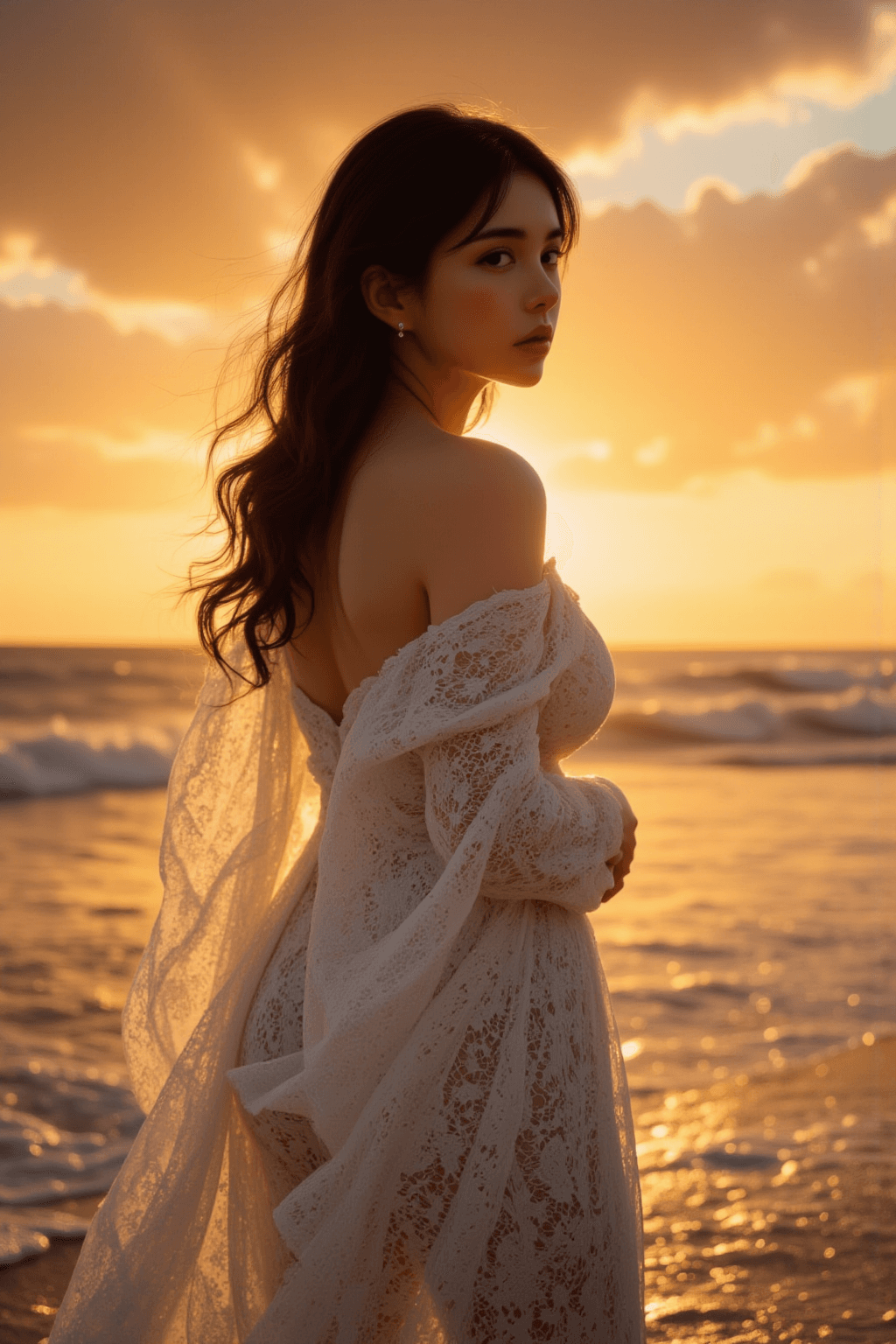 AI generated: This is a high-resolution, photographically realistic image of a korean woman standing on a beach du...