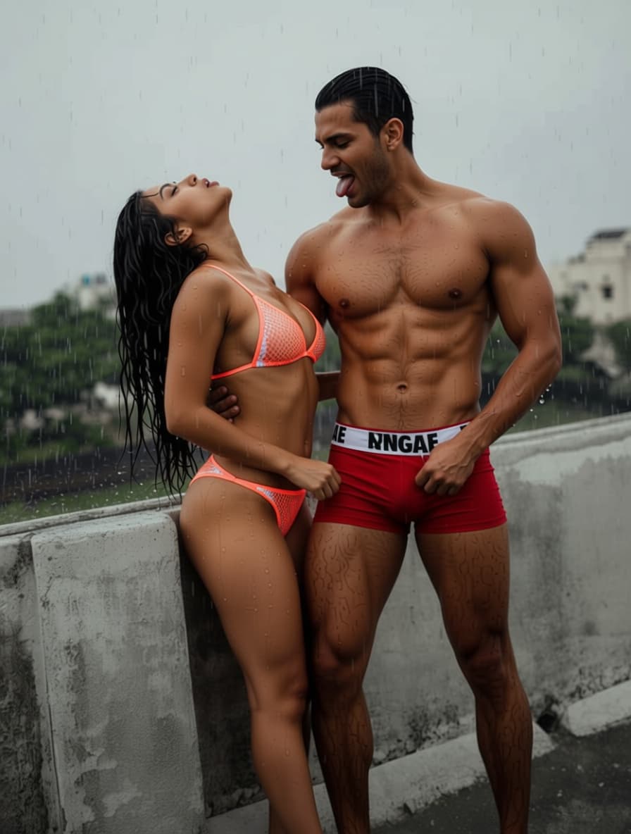 AI generated: The afternoon heavy rain crashes onto the private white tropical urban rooftop, soaking them in a se...