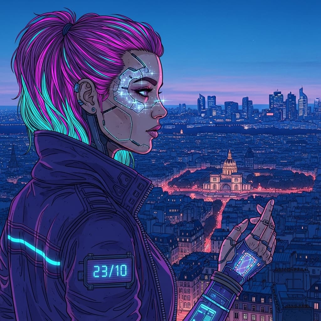 AI generated: A visual stunning photo of a female cyberpunk with number 23/10
 looking over Paris skyline | cente...