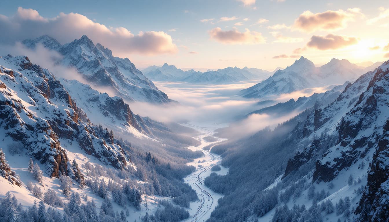 AI generated: snowy valley, with steep mountains around, detailed 4k, drone-like perspective from above in the sky...
