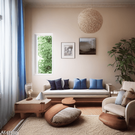AI generated: High resolution photography interior design, dreamy sunken living room conversation pit, wooden floo...