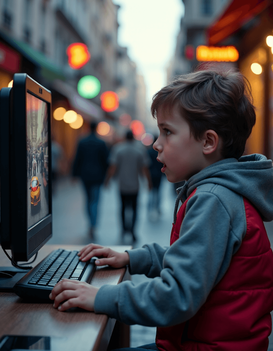 AI generated: cinematic film still hyperrealistic art A child playing a game on a computer in the middle of a bust...