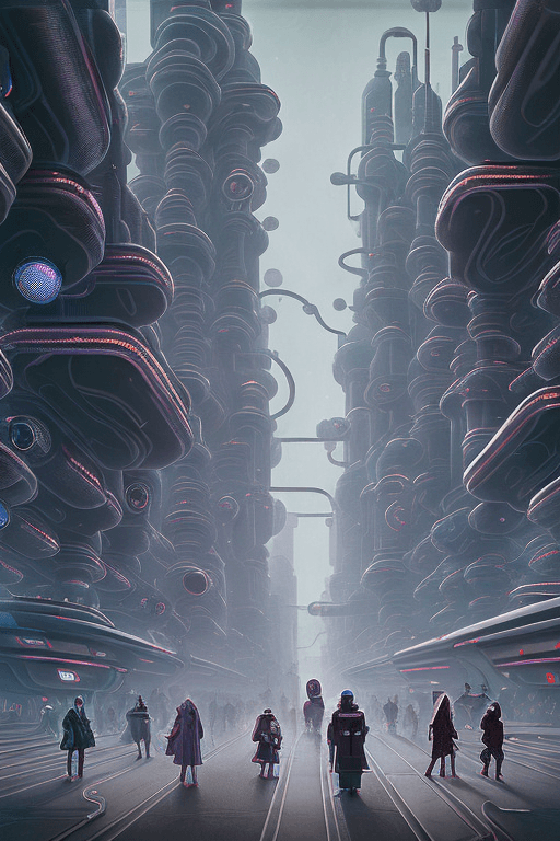 AI generated: A retro-futuristic 23rd century city street, strange beings with bright black heads and highly artic...