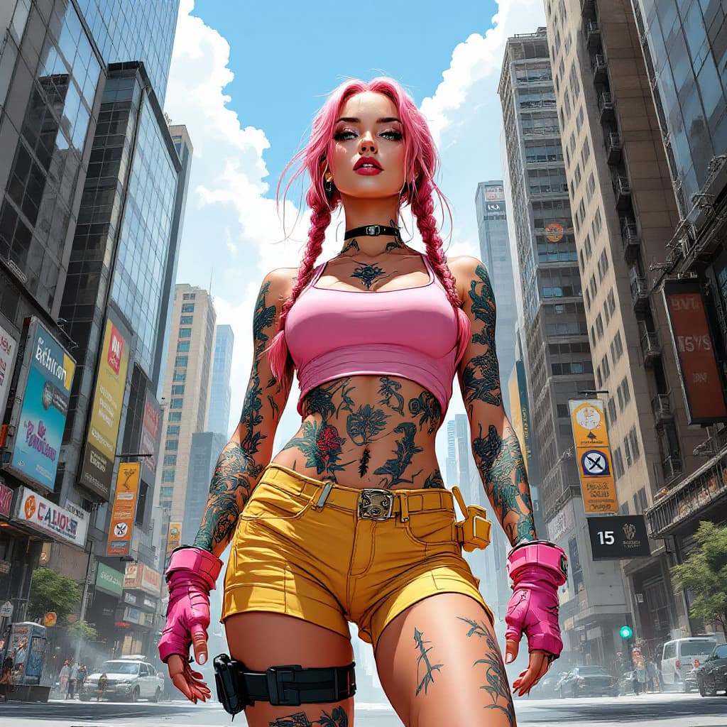 AI generated: Realistic comic book illustration of young beauty European girl with pink hair with two braids stand...