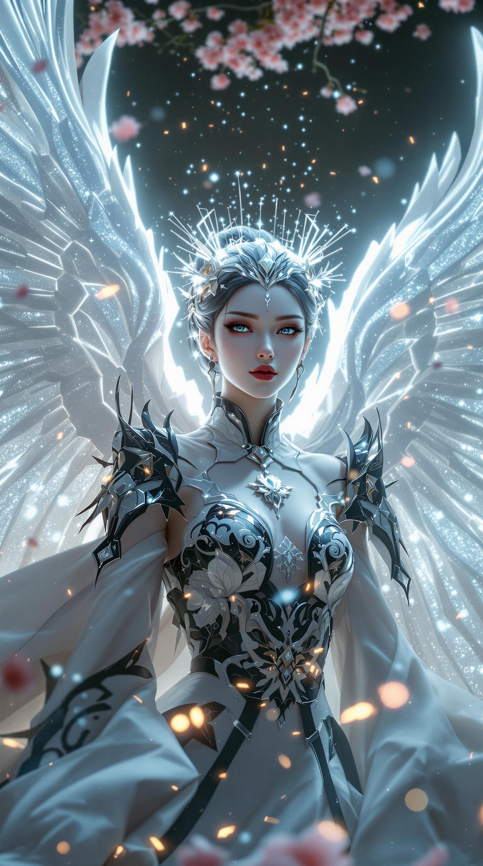 AI generated:  futuristic archangel character with a beautiful, delicate Japanese face, geisha-inspired features, ...