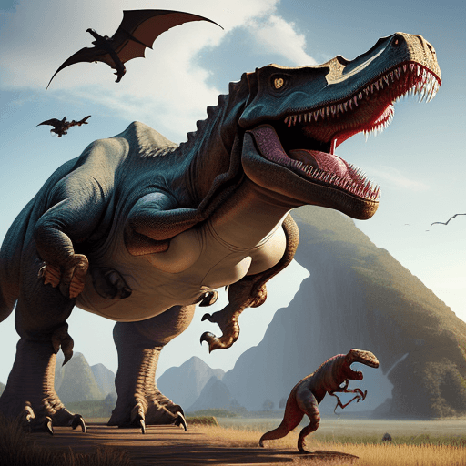 AI generated: A human mounting a dinosaur like in Ark (game)