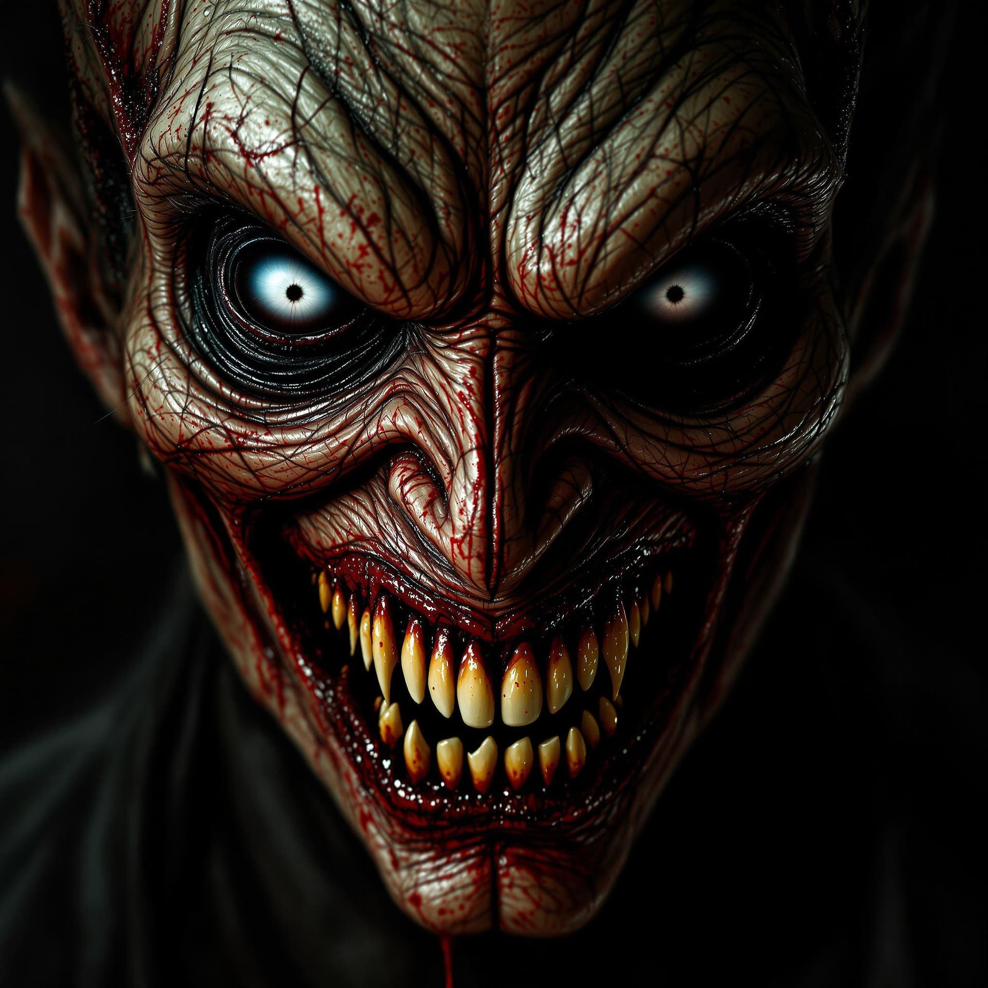 AI generated: the personified face of evil and horror; the panic inducing eyes take main stage; the mouth is pure ...