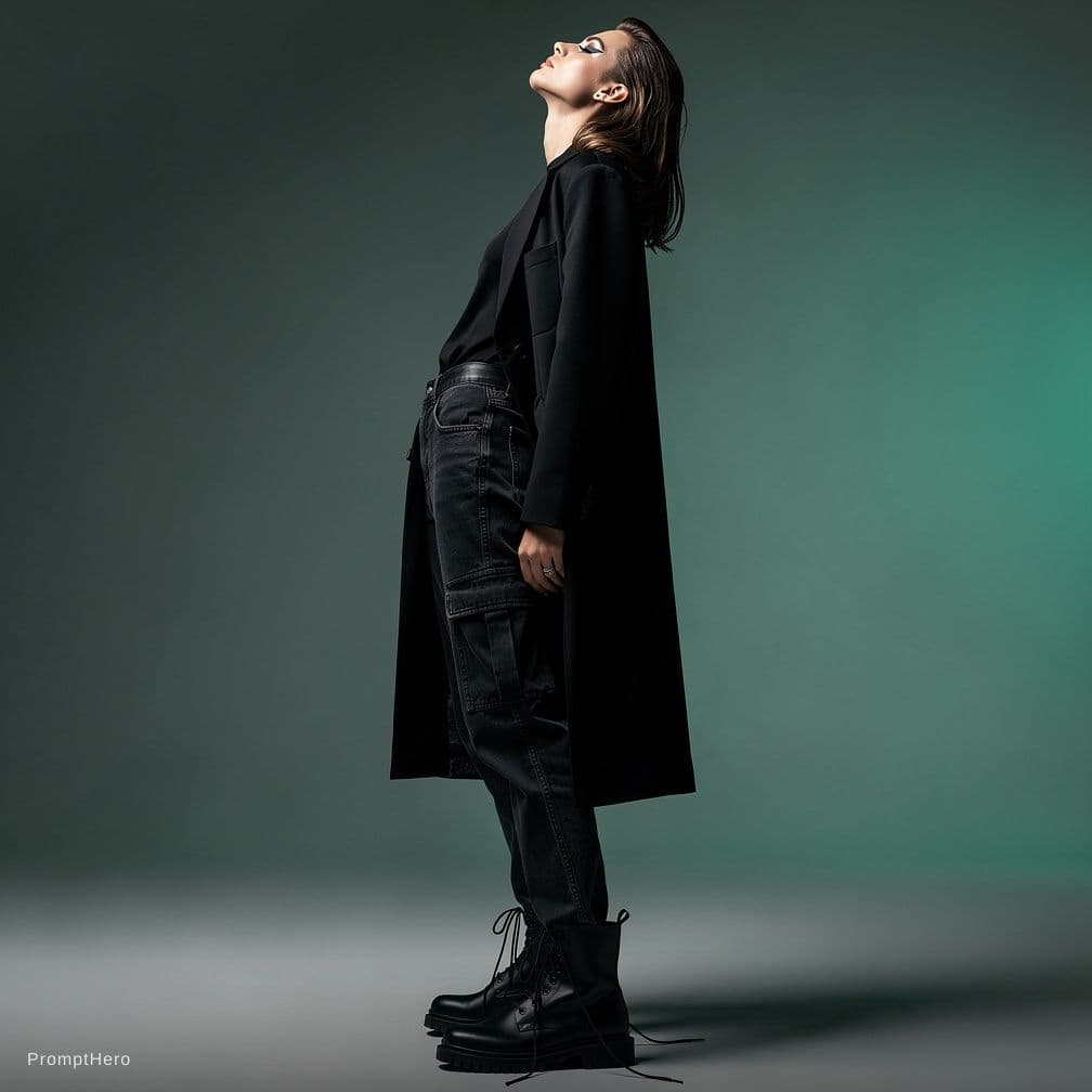 AI generated: photography, upper body, female model in dramatic side pose, leaning backwards at 15-degree angle, h...