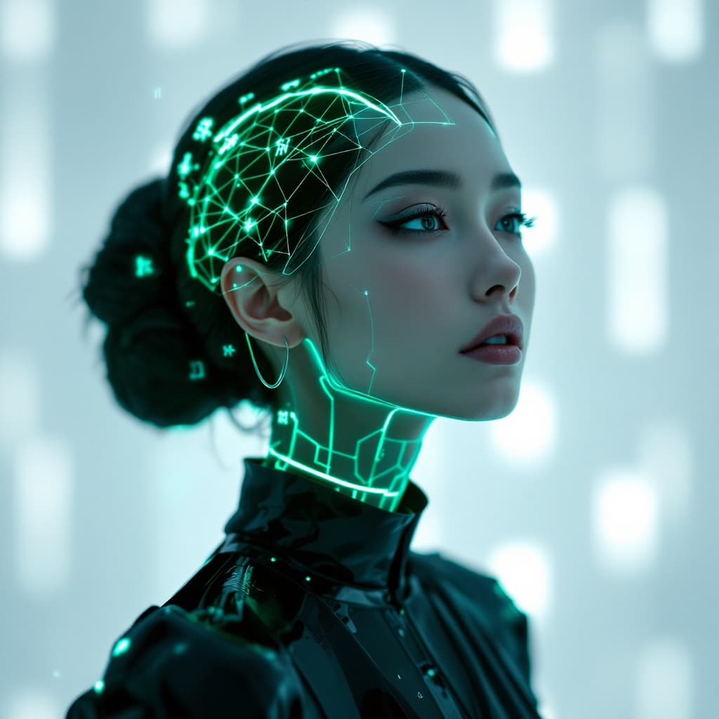 AI generated: Portrait futuriste et éthéré d'une femme avec une peau translucide révélant son crâne, inspiré de l’...