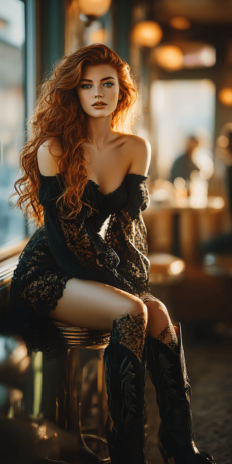 AI generated: A red-haired woman with long, curly hair, wearing black lace stockings and cowboy boots, sits on the...