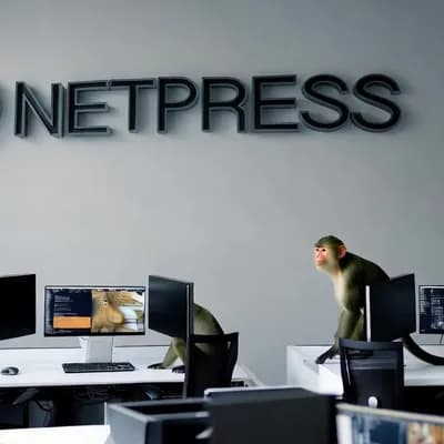 AI generated video: Créame una oficina con el logotipo en grande NETPRESS y 6 mesas con ordenador con un mono en cada un...