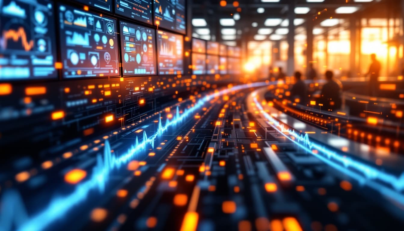 AI generated:  A high-tech control center with people monitoring IoT systems or an industrial process running smoo...