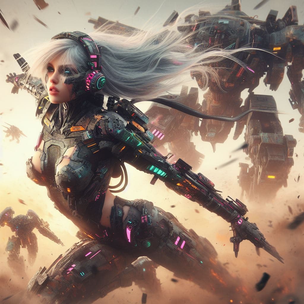 AI generated: urbanpunk, high angle shot, a pretty cyborg ninja with multicolor notched light cyberpunk armor, pre...