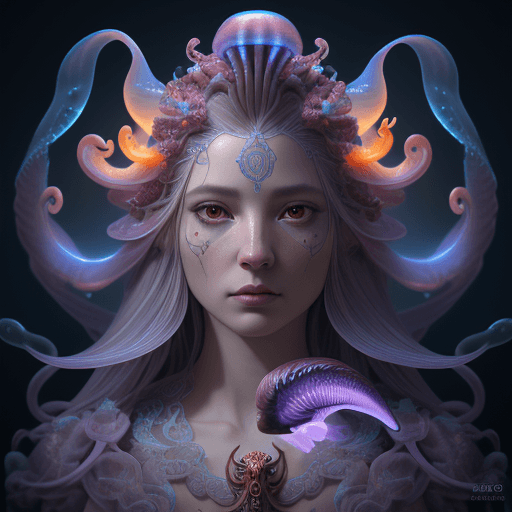 AI generated: Goddess close-up portrait ribcagel. jellyfish phoenix head, nautilus, orchid, skull, betta fish, bio...