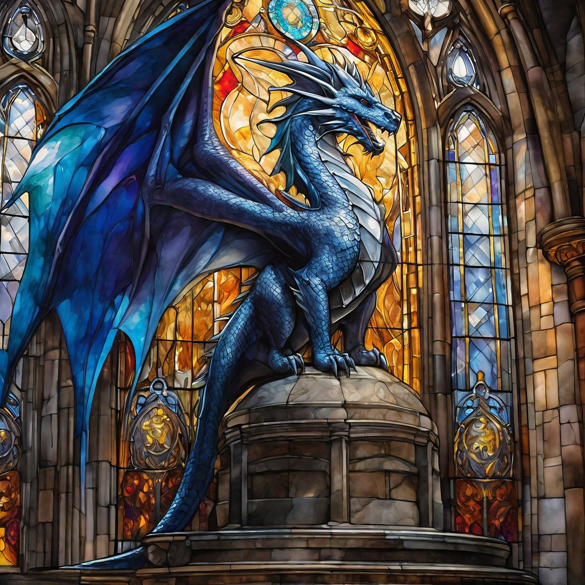 AI generated: a grand dragon standing near a stained glass window, protecting a beautiful cathedral, UHD, oil pain...