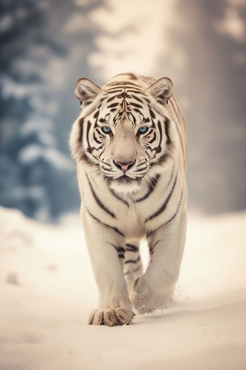 AI generated: "High-resolution, fine art nature photograph, a white tiger with black stripes, piercing blue eyes, ...