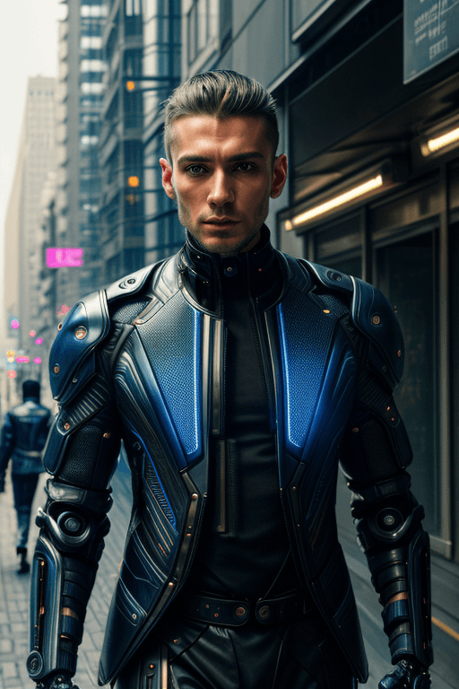 AI generated: Cyberpunk potrait of futuristic male humanoid comes from 2050 standing in a futuristic city,wearing ...