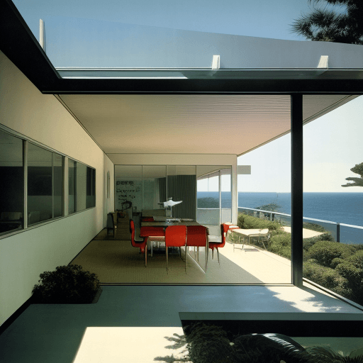 AI generated: Hyper realistic eye level exterior photo of a mid century modern style house overlooking the ocean, ...