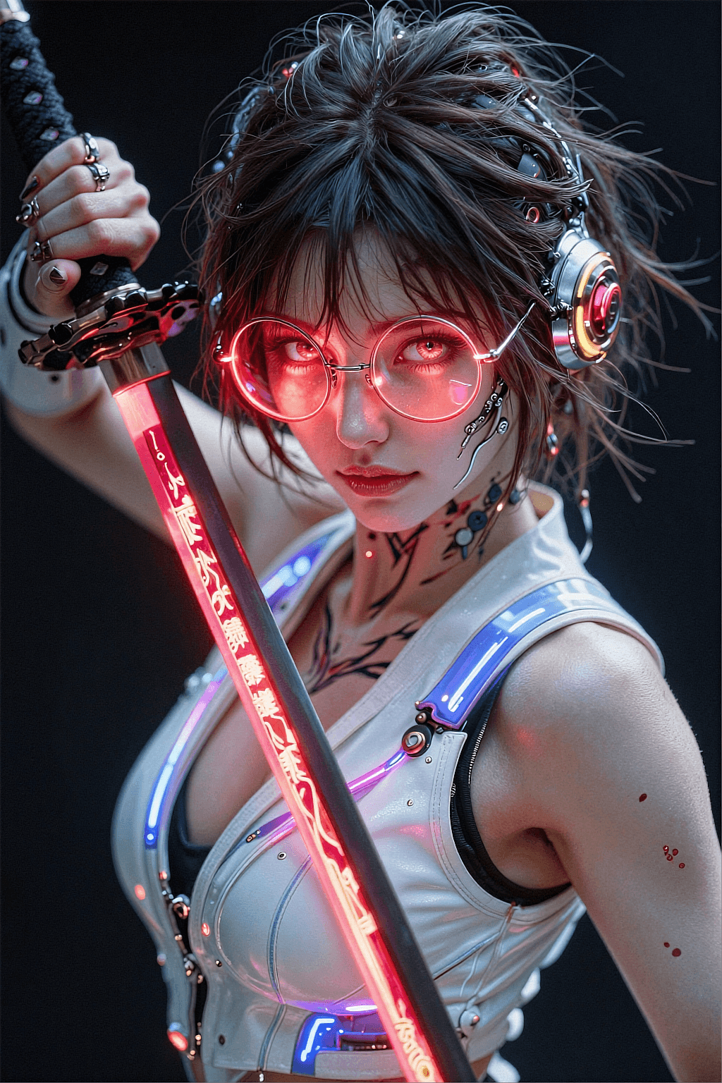 AI generated: A highly detailed, photorealistic, cinematic vertical medium close-up shot of a fierce young woman w...