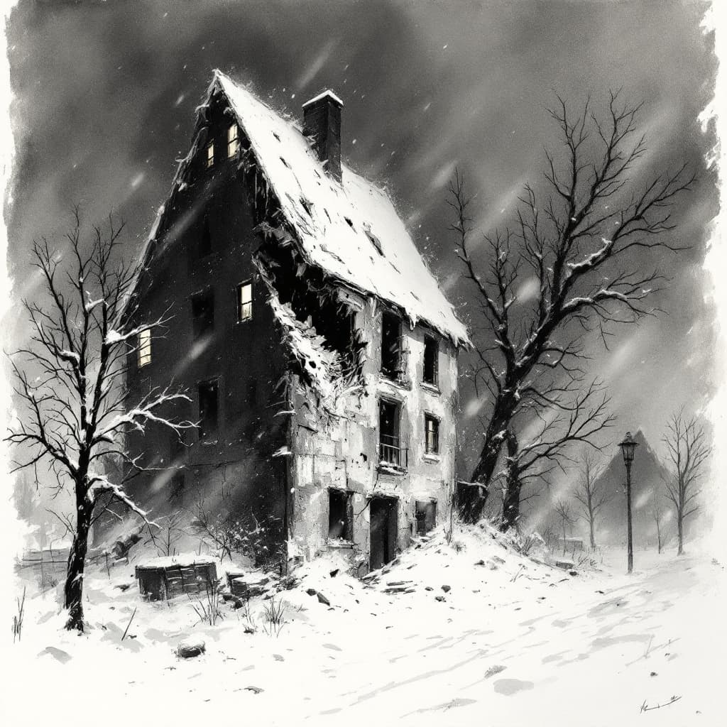 AI generated: illustration of a snow covered broken building, december, night, howling wind, motion, snow covered ...