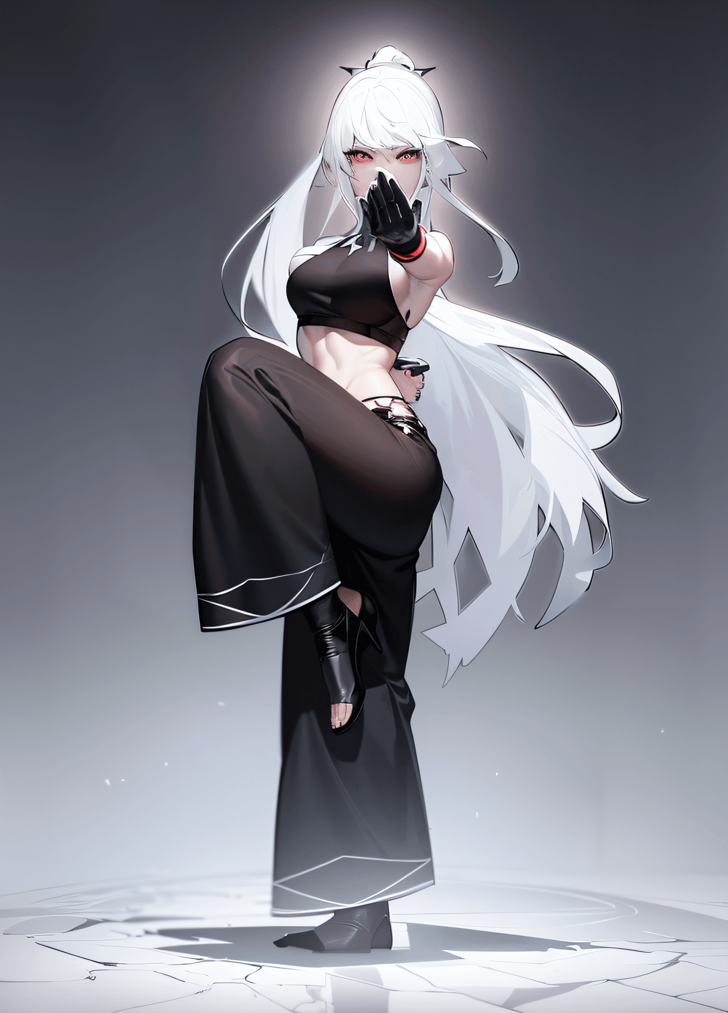 AI generated: a cartoon of a woman in a black outfit and a white hair, white haired deity, anime character, female...