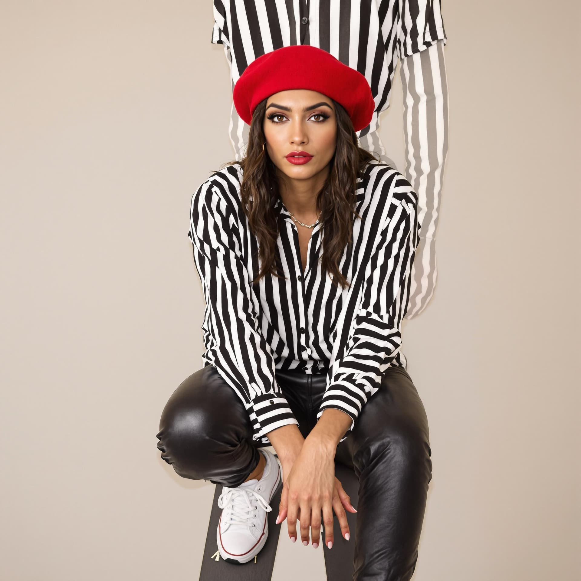 AI generated: A close-up shot of the woman's face and torso, framed by the bold stripes of her blouse. The camera ...