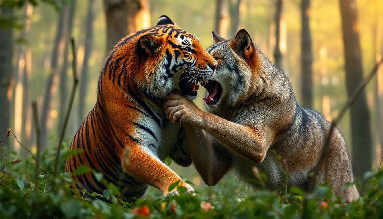 AI generated: tiger and wolf fight together in forest. strong
