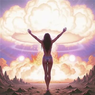 AI generated video: The woman makes a sweeping gesture with her arms and the mushroom clouds disappears in a puff of lig...