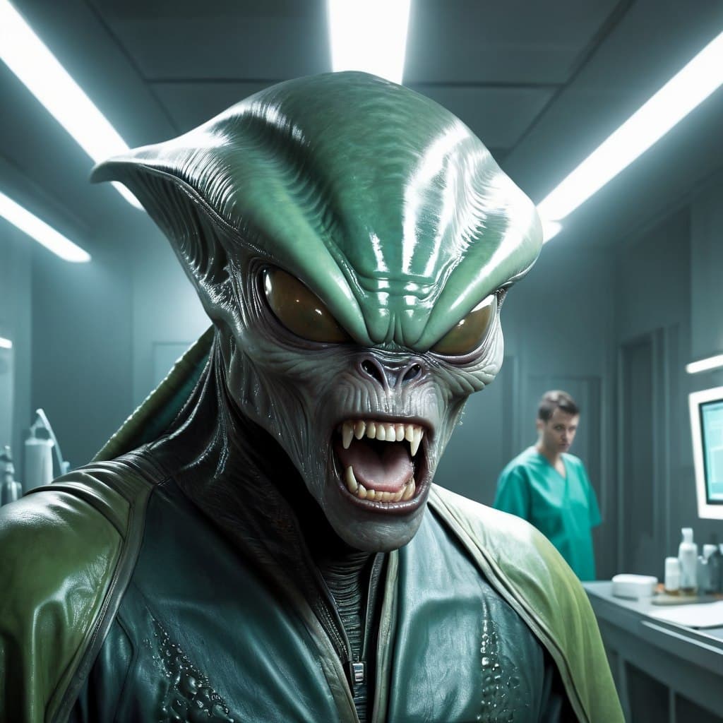AI generated: photo portrait of an (alien Dentist:1.3) wearing an outfit, (alien mythical eyes:1.3), (alien nose:1...