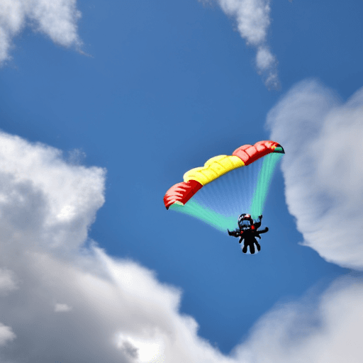 AI generated: Skydiver with parachute, falling through the clouds