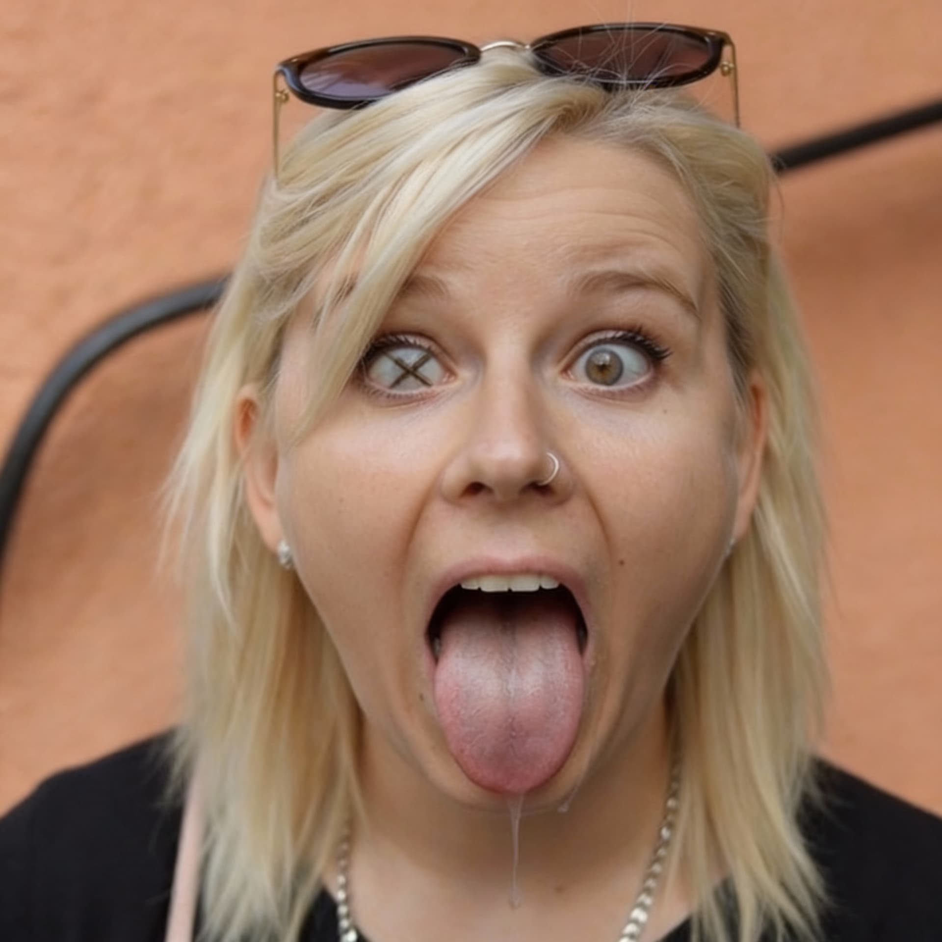AI generated: crossed eyes, eyes wide open, lot of drooling from tongue, eyes very crossed