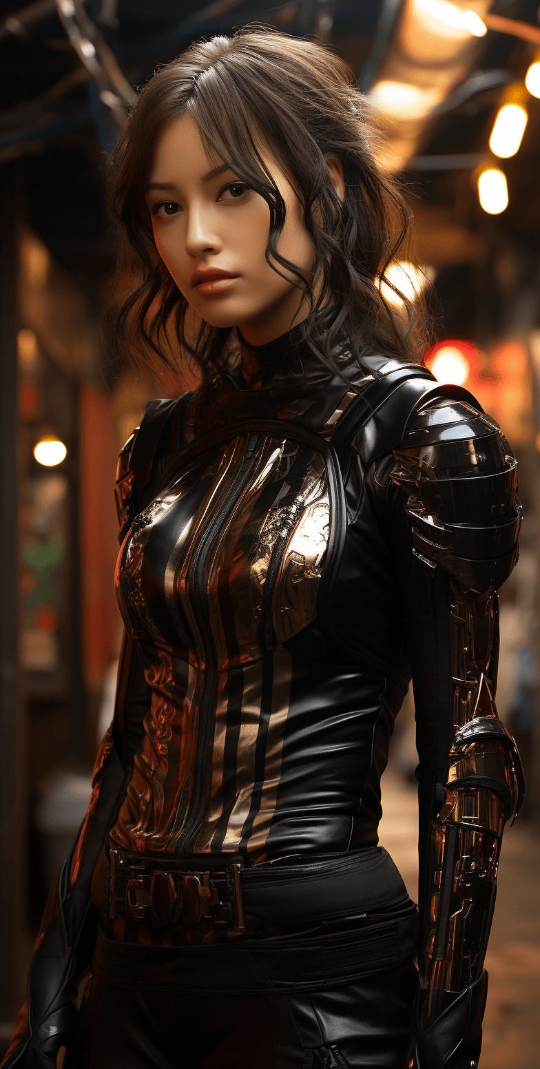 AI generated: image of a beautiful girl in the style of cyberpunk realism, detailed costumes, 32k uhd, raphael lac...