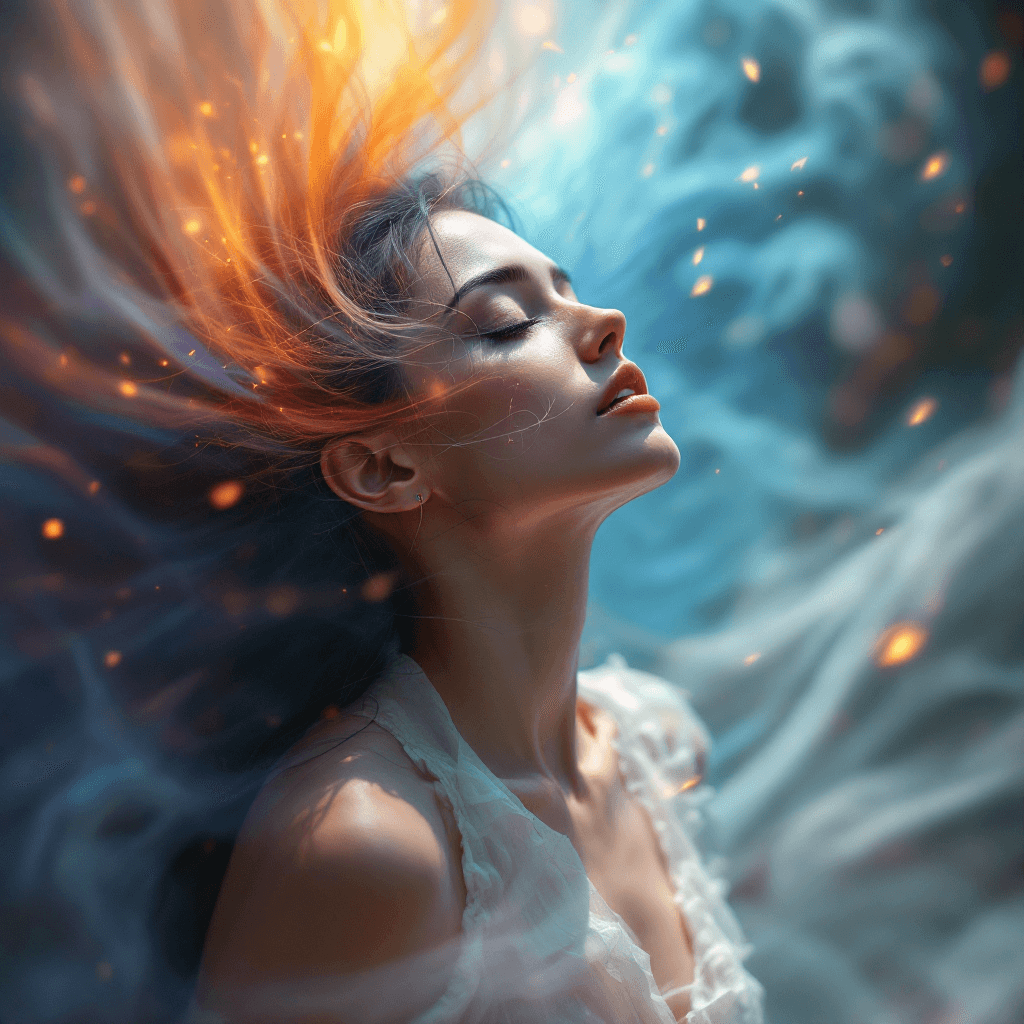 AI generated: Dreamlike scene where a woman is present and absent, her emotions a shifting veil of light, color an...