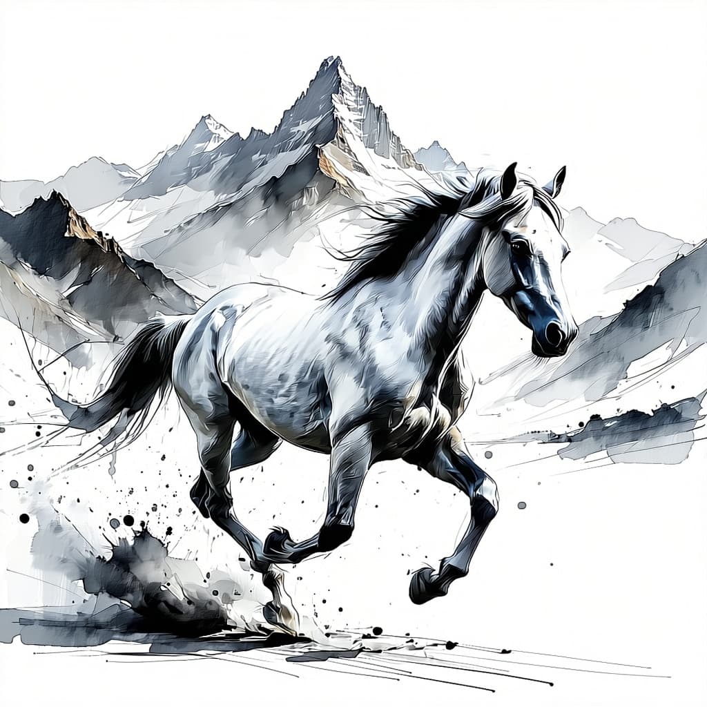 AI generated: a pencil drawing of a running horse, with mountains in the background, in the style of bold, gestura...
