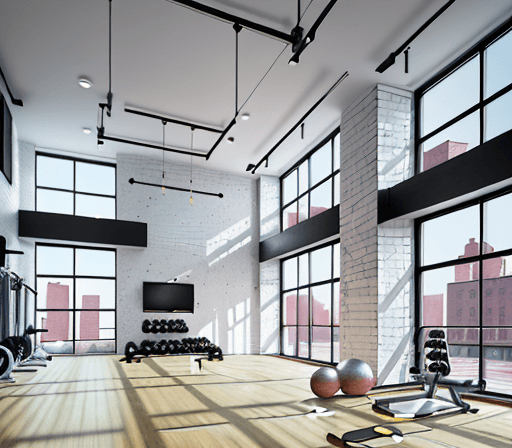 AI generated: High-resolution photography of interior design, of a gym inside a building with surrounding apartmen...