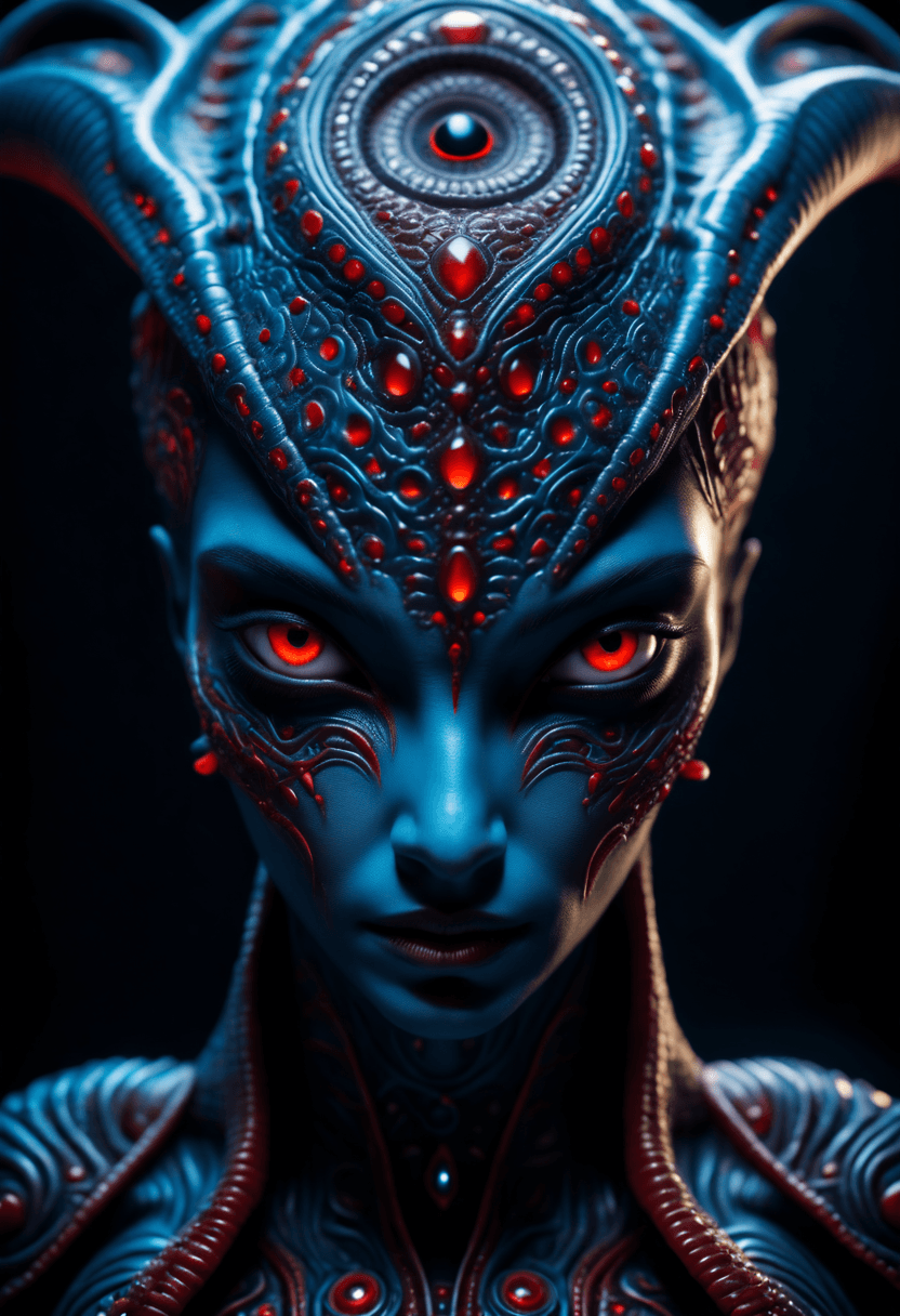 AI generated: An image of an alien in blue-skinned creature with a unique and intricate design on its head. It has...