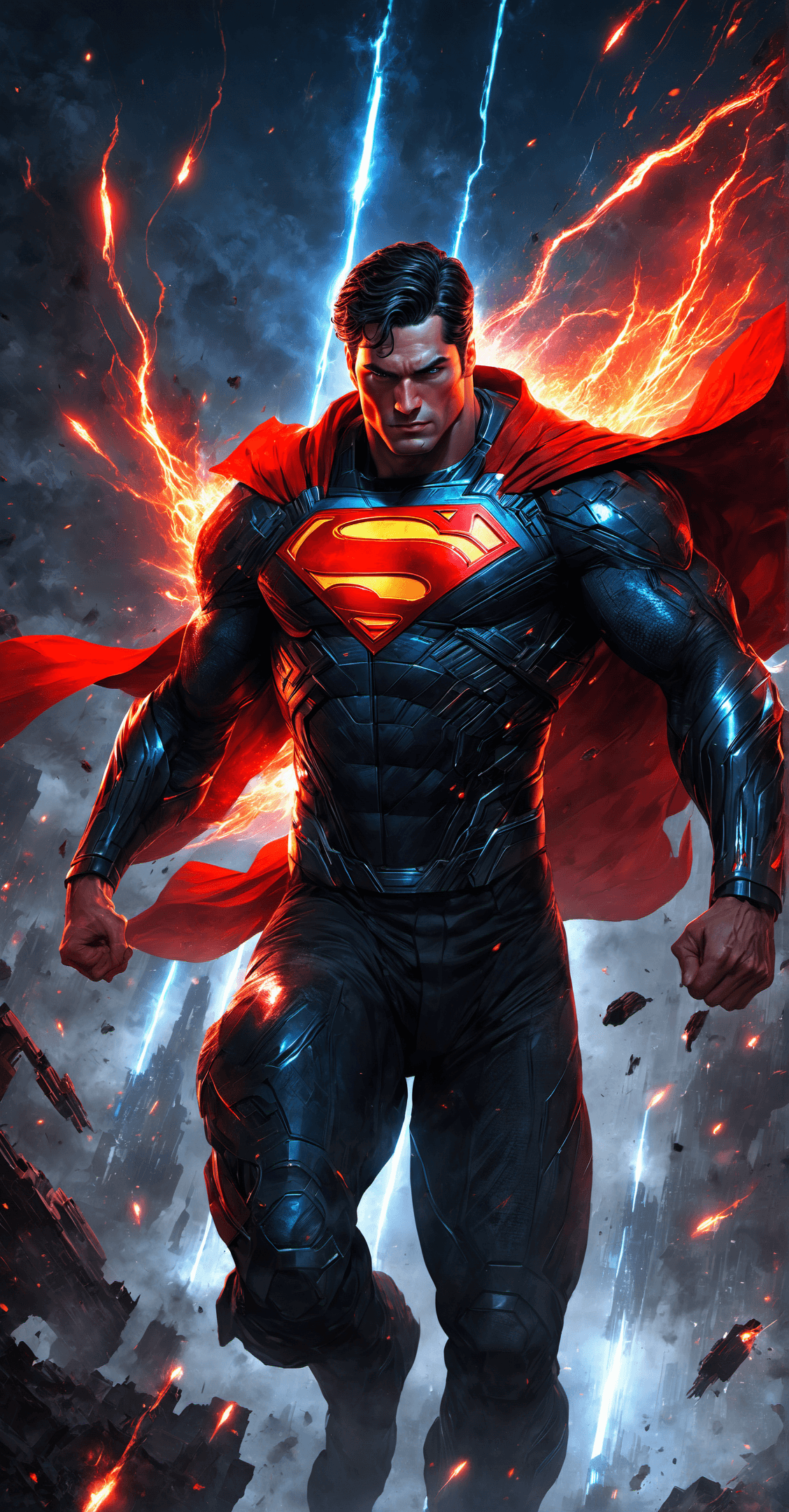 AI generated: Superman in the style of WLOP, Guweiz, and Nixeu, powerful muscular superhero flying above a futuris...