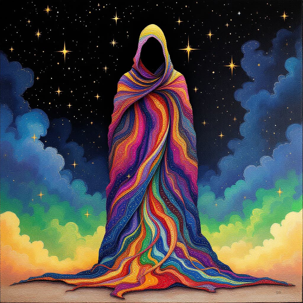 AI generated: A cloaked figure with a long, flowing cloak stands against a starry sky background. Swirling pattern...