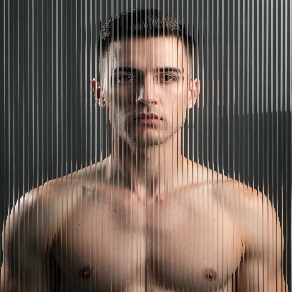 AI generated: high resolution photography, front central profile, man facing front, gaze to front, shirtless, phot...