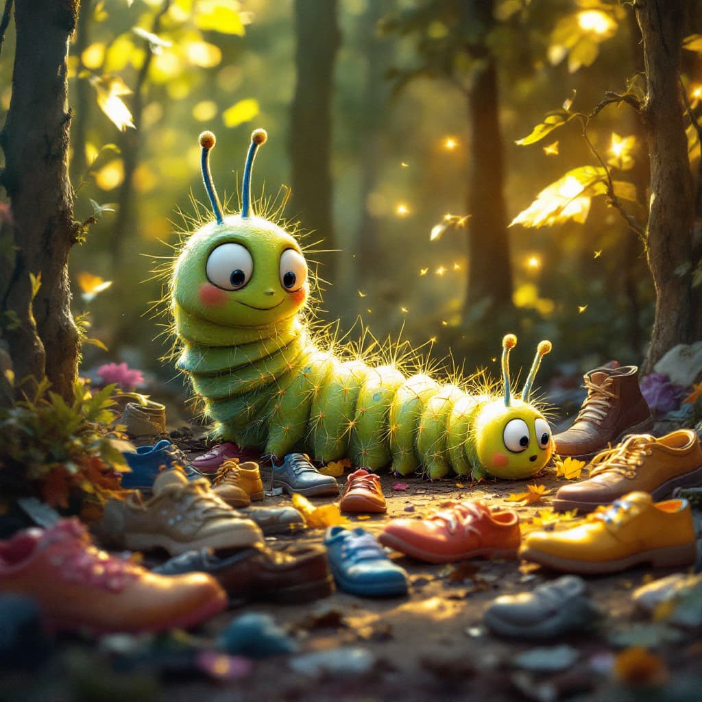 AI generated: A caterpillar that’s late for an event because he cannot find all his shoes.
lots of shoes 