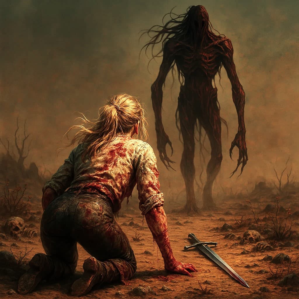 AI generated: A beautiful blonde woman crawls in a desert wasteland, seen from behind. Her torn, blood-soaked whit...