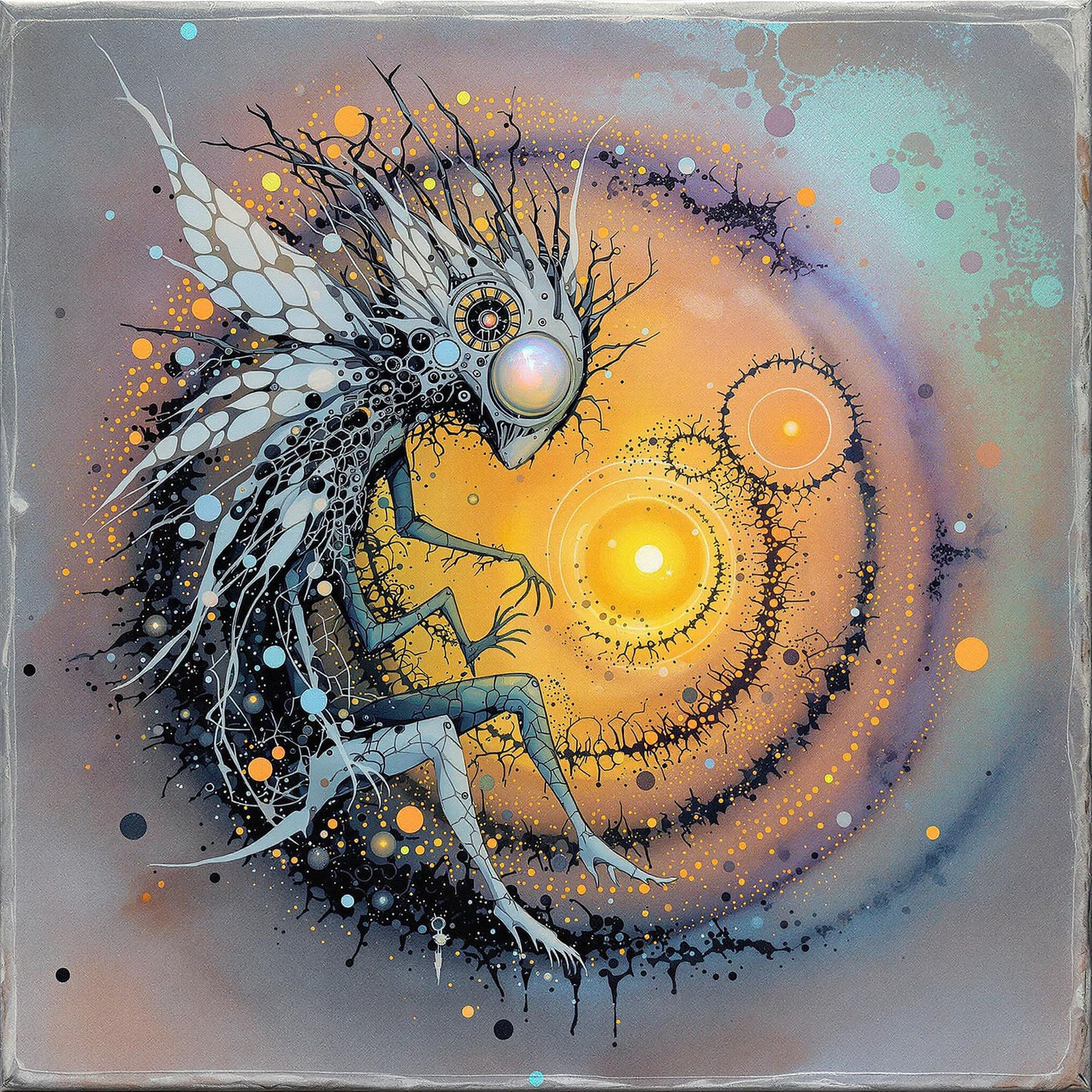 AI generated: Steampunk bio-morphic ethereal glow. Acrylic splash art, opaline pearlescent ink, translucent glaze....