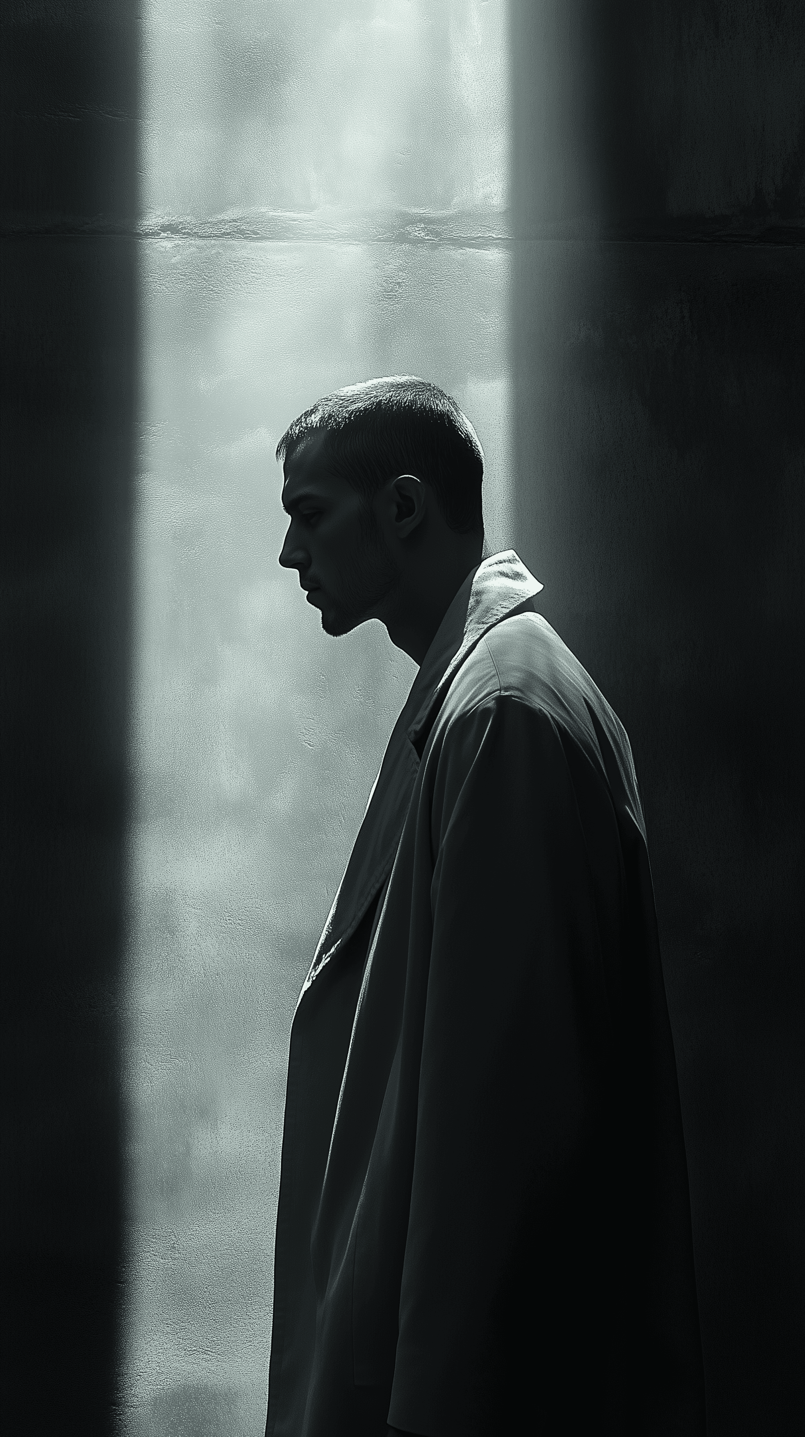 AI generated: photography, man in a minimalist scene, standing side, shaft of light that breaks through an otherwi...