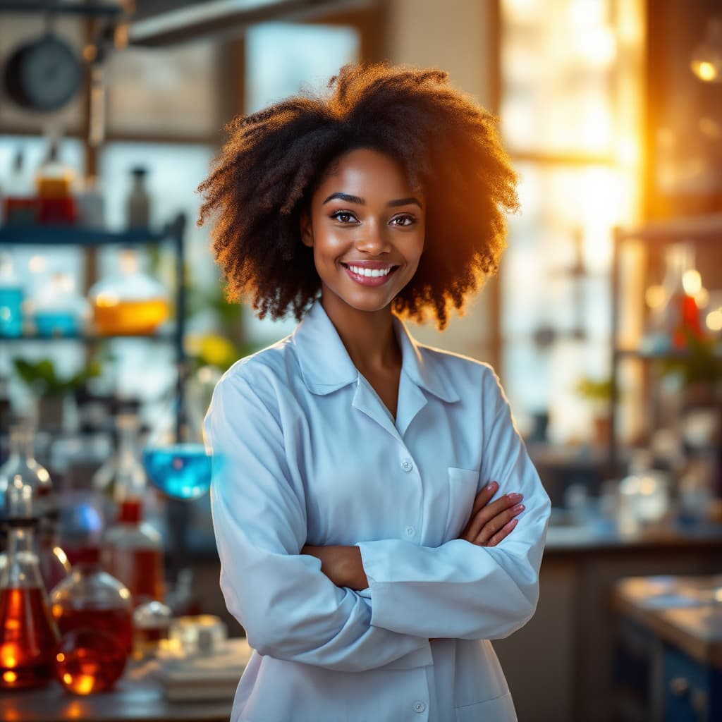 AI generated: A high-resolution, ultra-realistic image of a young African female scientist in a crisp white lab co...