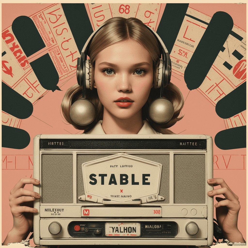 AI generated: (vintage retro collage paper),by wes anderson,( a girl holding a radio with large letters ( " STABLE...