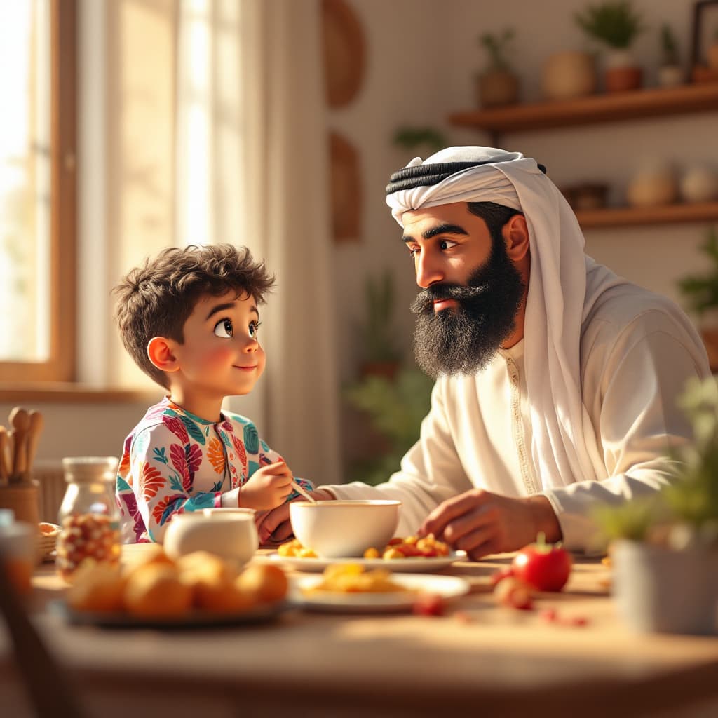 AI generated:  3d model render pixart style . 5-year-old Muslim boy dressed in colorful qamis with symmetrical, we...