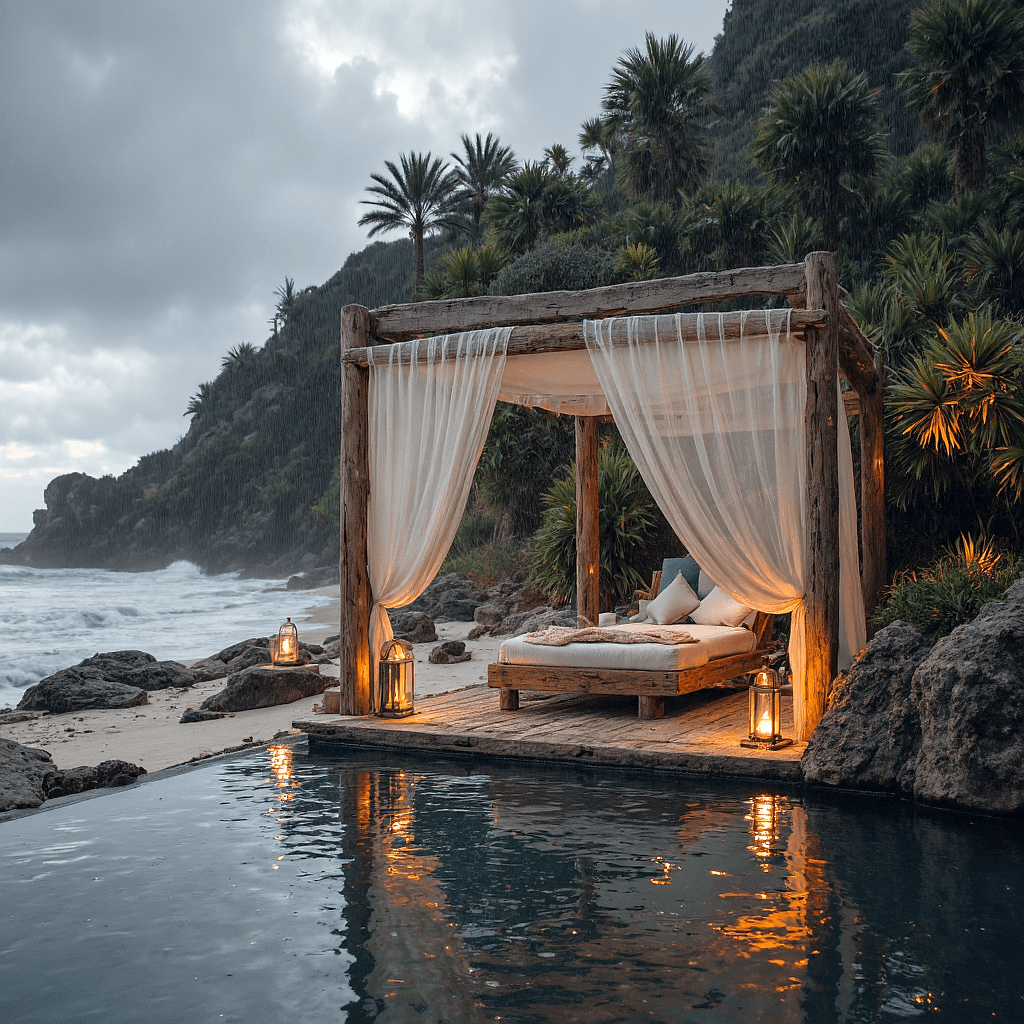 AI generated: A serene coastal lounge under an overcast sky, with thick clouds blanketing the horizon and casting ...