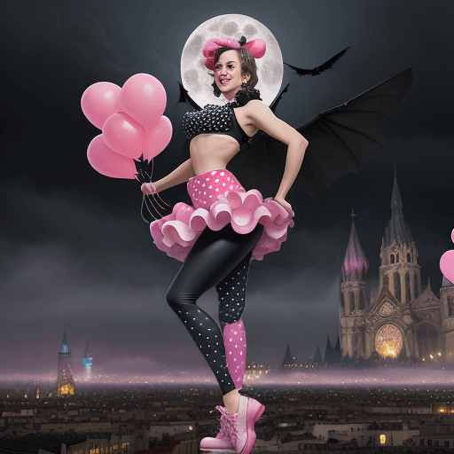 AI generated: full body, girl, woman, flying clown, pin-up, crowded city background, kind smile, happy, generous, ...